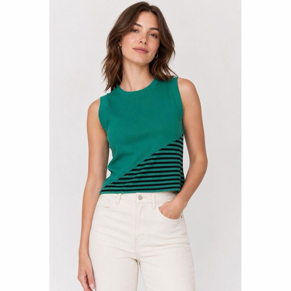 Maeve Green/Black Striped Ribbed Knit Crew Neck Sleeveless Muscle Tank Top Sz M